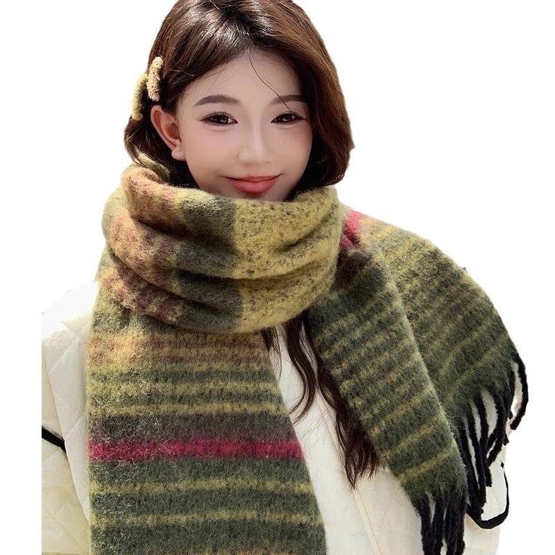 Korean Style Striped Retro Scarf for Women Embroidered Color Matching  Thickened and Warm in Winter  Simple Mohair Premium Scarf