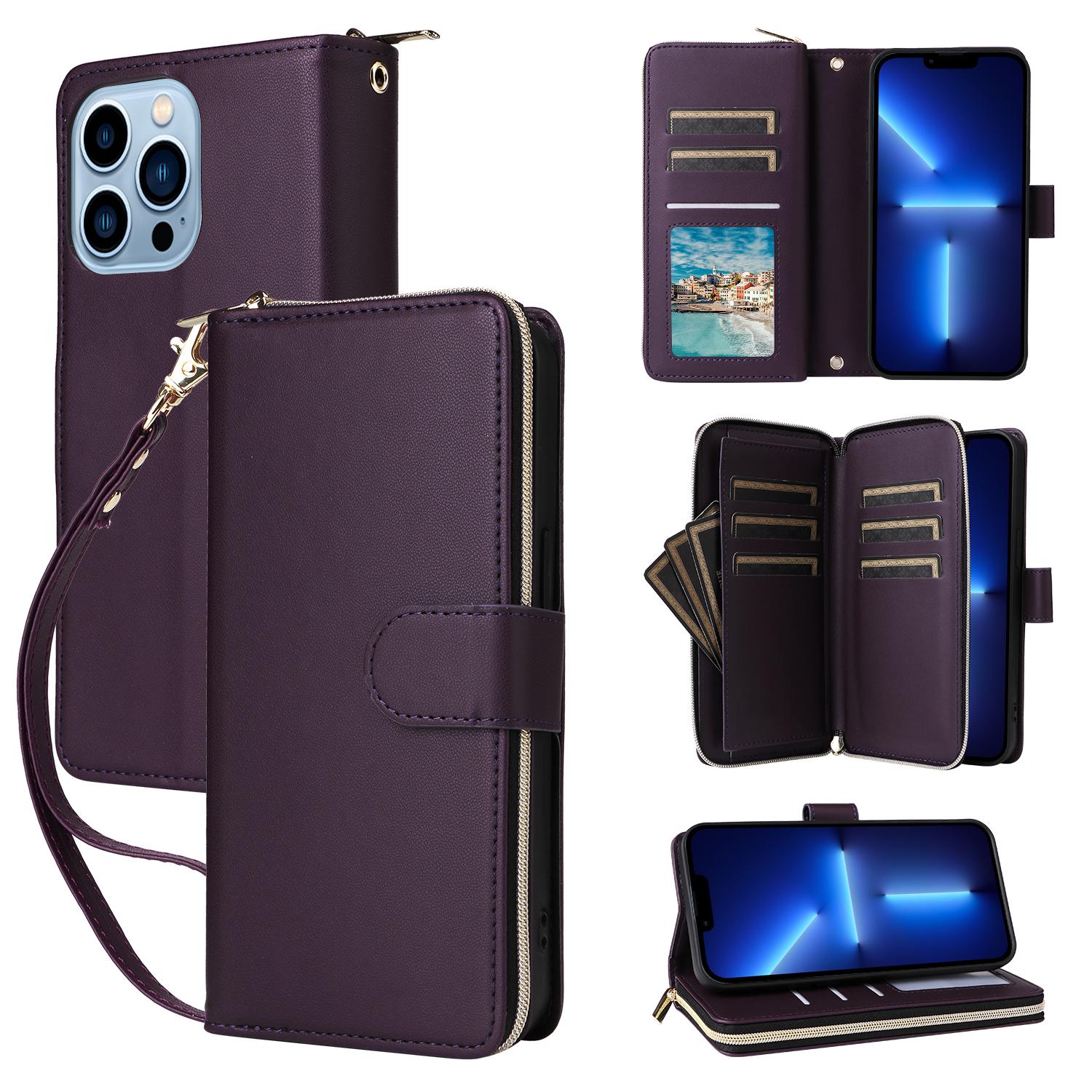 

R20 For iPhone 13 Pro Case Zipper Pocket PU Leather Cover with 9 Card Slots Dark Purple