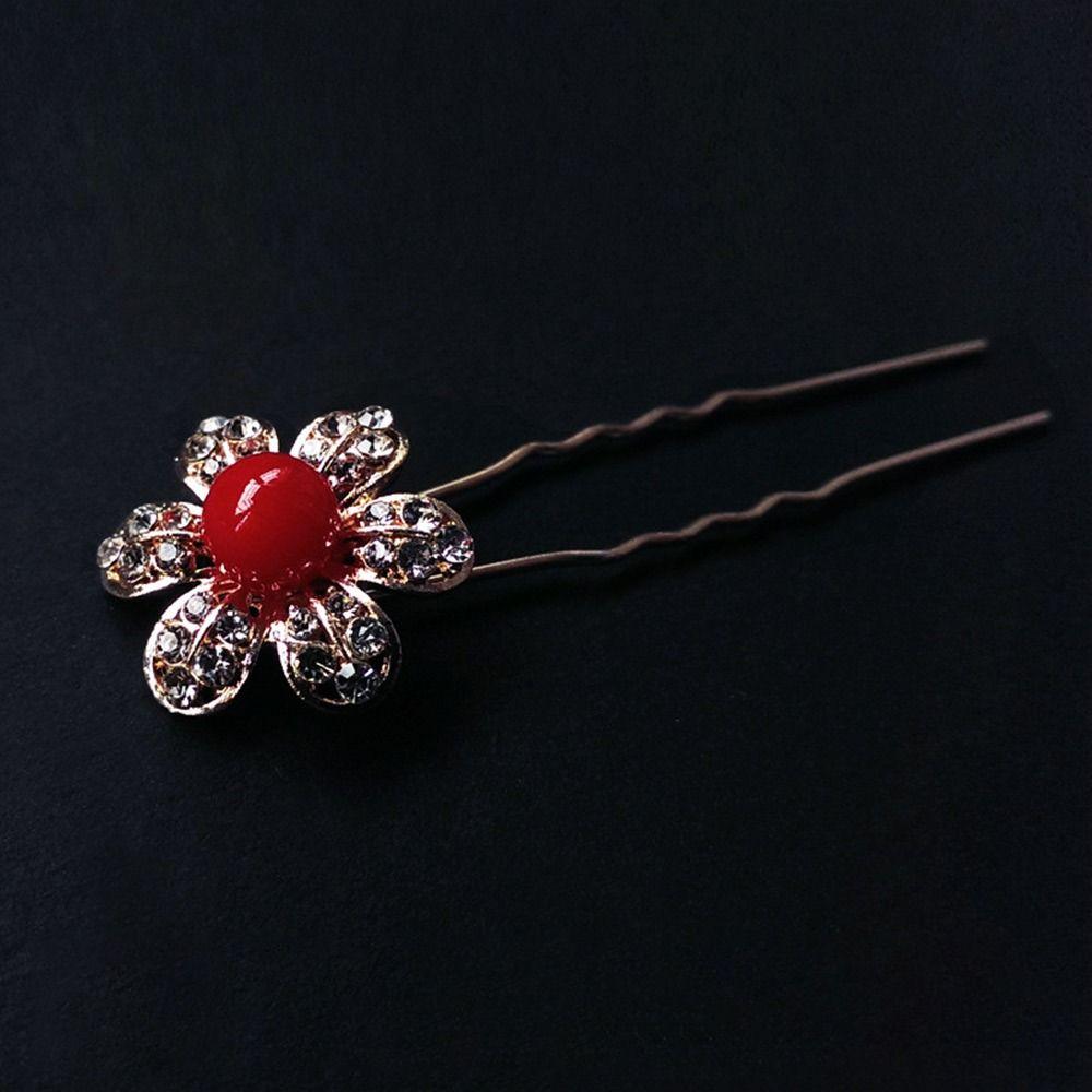5Pcs Fashion Bridal U-shaped Rhinestone Pearl Flower Hairpin Metal Hair Barrette Rhinestone Hair Clip Crystal Flower Hair Fork