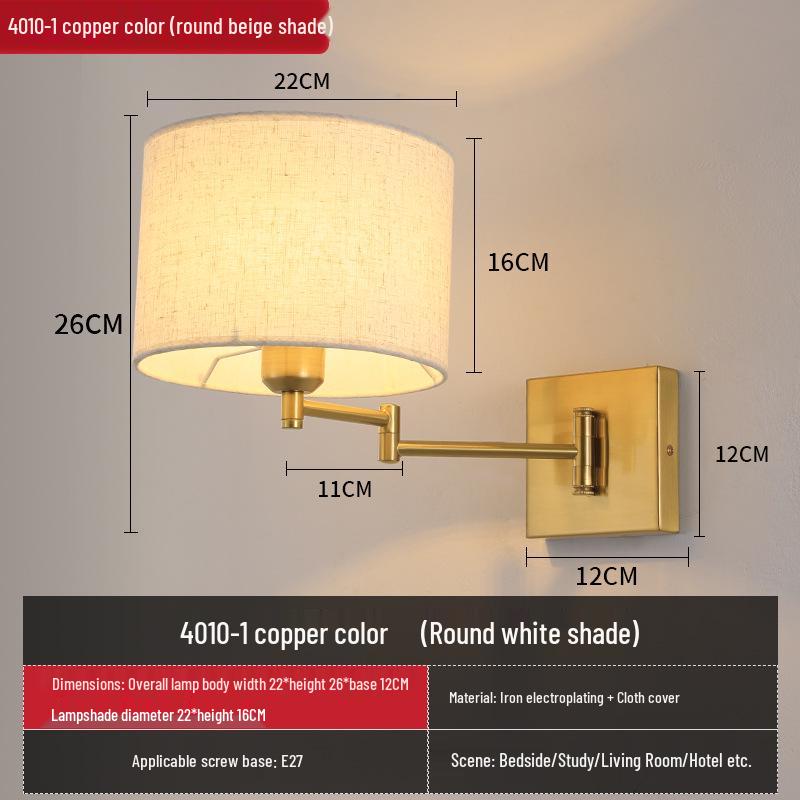 Modern LED Swing Arm Wall Light with Fabric Shade for Bedroom, Study, or Living Room.
