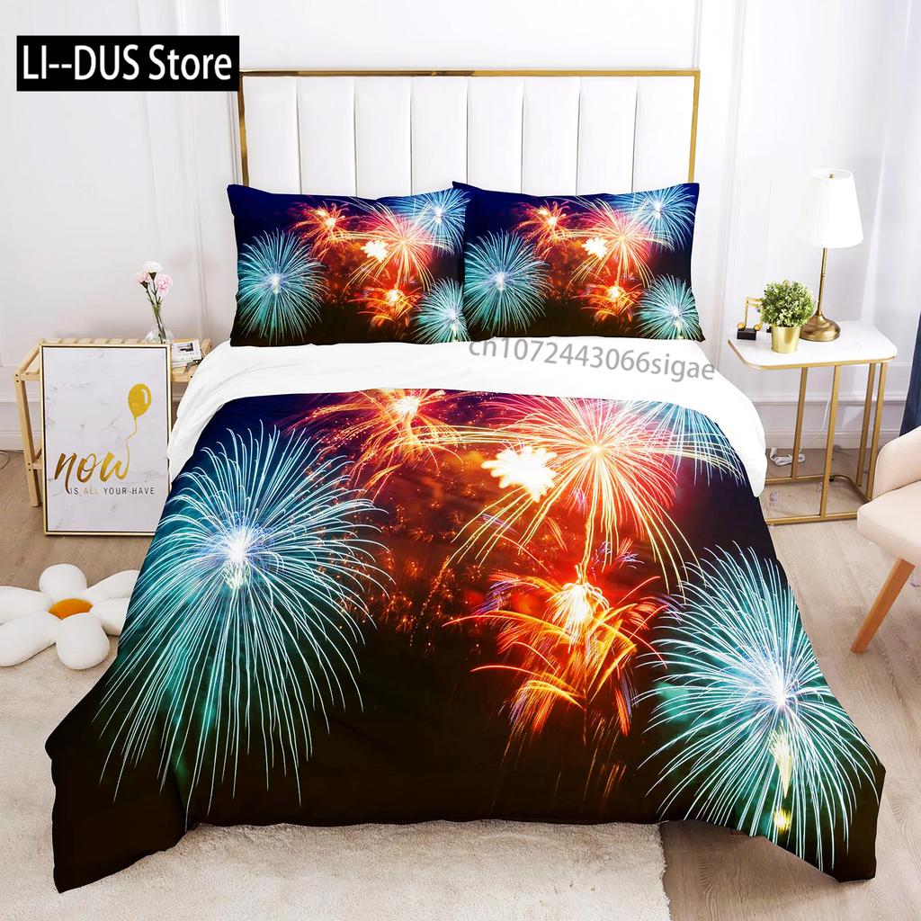 Colourful Fires Bedding Set Washed Cotton Firework Duvet Cover Queen Size Celebrate Merry Christmas Theme Soft Comforter Cover