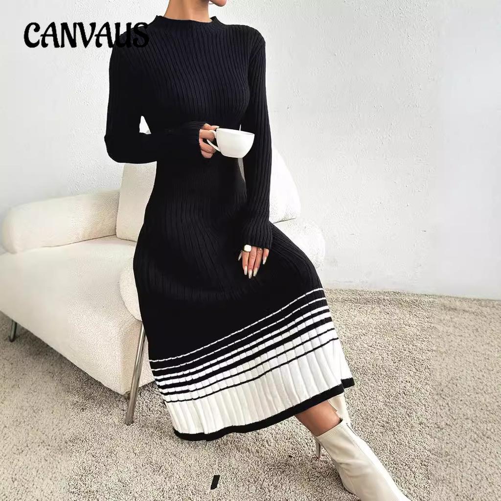 Women's Sweater Long Dress Black and White Striped Pleated Skirt Sweater