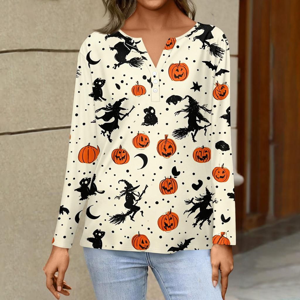 Women's Fashion Casual Halloween Printed V-Neck Button Trim Long Sleeve T-Shirt Top