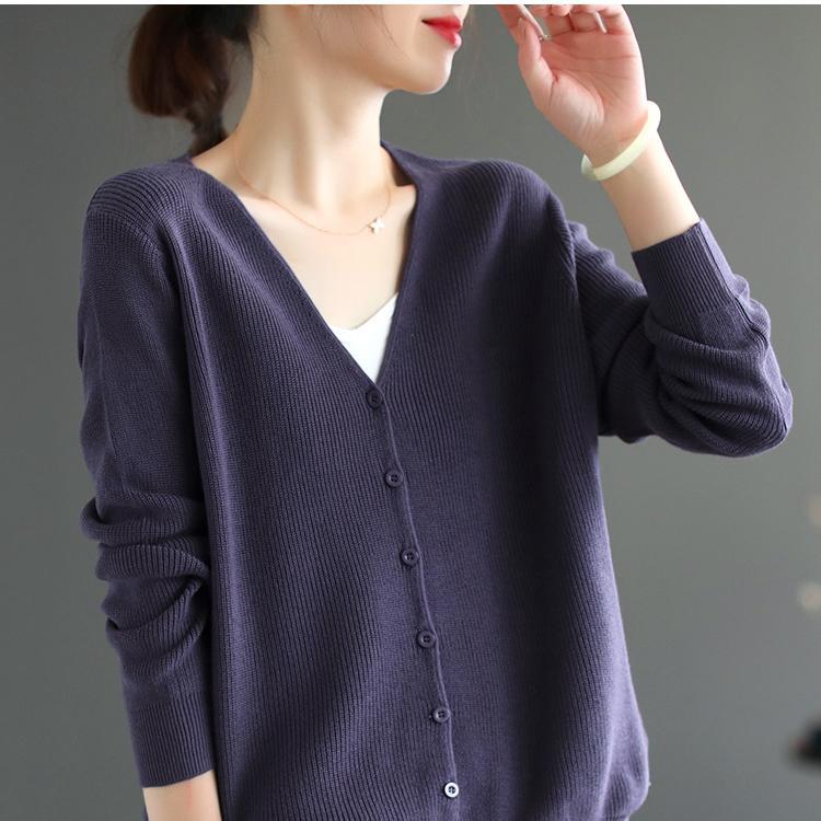 

Loose fashion foreign style retro long-sleeved cardigan women s literary V-neck solid color cotton thread knitted jacket women s autumn and winter 48-224 (average size) фіолетовий
