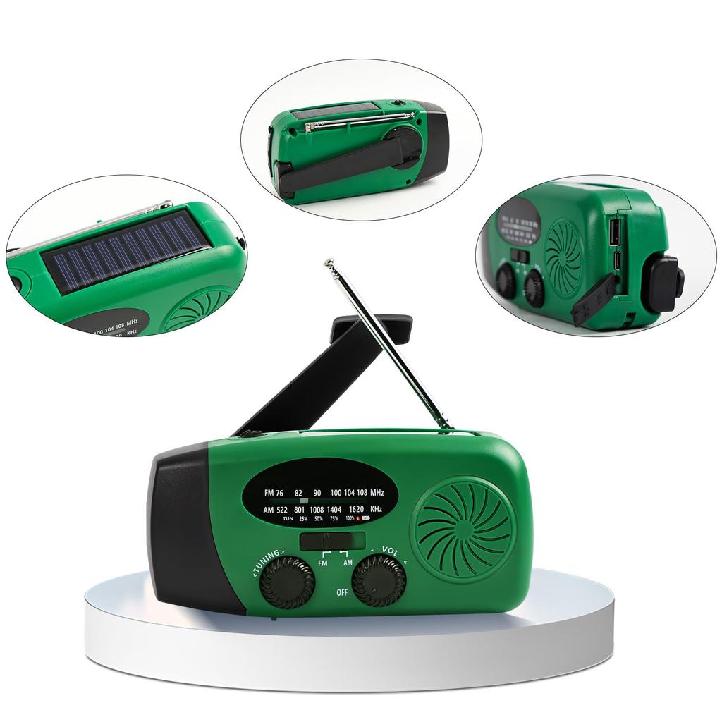 Multifunkční nouzové rádio s baterkou, přenosné s vysokou kapacitou 6000 mAh, nabíjení smartphonu, nabíjení klikou, solární nabíjení, LED světlo,