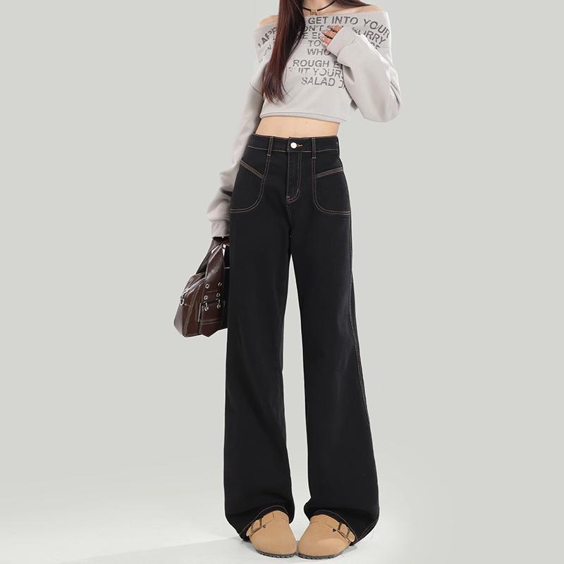 

High-Waisted Straight Leg Jeans for Women - 2025 Autumn/Winter Velvet Slim Fit, Loose Wide-Leg Floor-Length Pants 3X Large чёрный