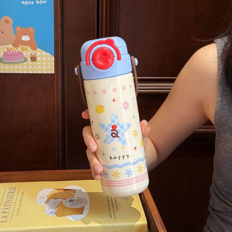 Cute Large-Capacity Thermos Cup for Girls, High-Looking New Style 316 Stainless Steel Water Cup with Straw and Handle