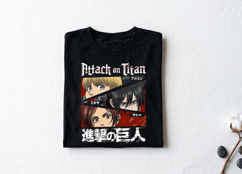 Attack On Titan Shirt AOT Season 4 Armin, Mikasa, and Sasha Eyes and Kanji Anime Shirt, Attack On Titan Gifts Shirt, AOT Anime Shirt 120