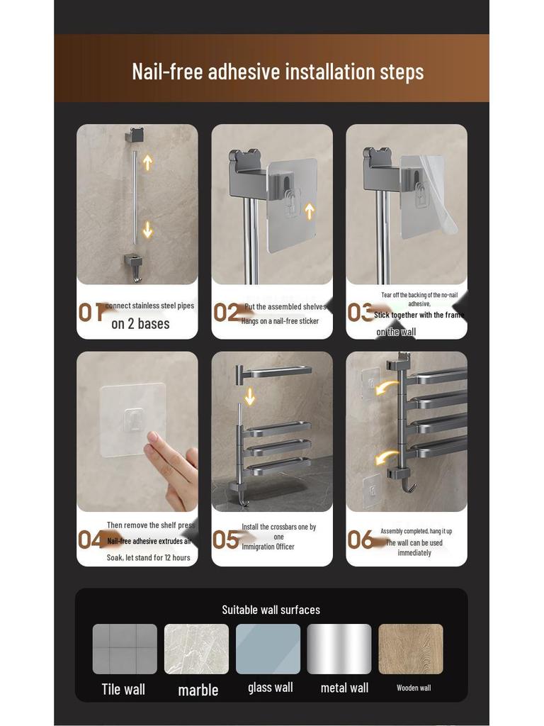 Wall-Mounted No-Drill Rotating Towel Rack and Shelf for Bathroom Storage