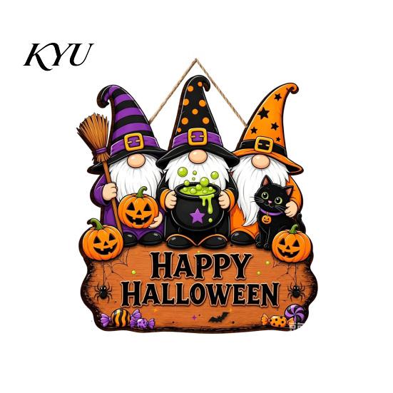 Festive Window Hanging Halloween Wooden Sign, Happy Door Sign with Gnomes/Ghosts, Retro Decorative Wood Board Autumn Harvest Festival Wall Decoration