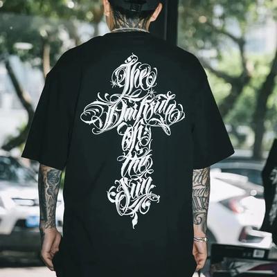 Harajuku Streetwear Hip Hop Masculino Tatuagem Chicano Frente Fross Camiseta de manga curta personalidade Gangster Costa Oeste Streetwear