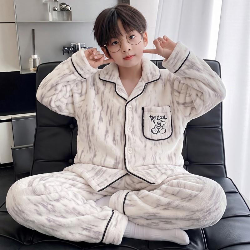 Jungen Warmes Korallenfleece Pyjama-Set Langarm Verdickt Hausanzug Kinder Winter