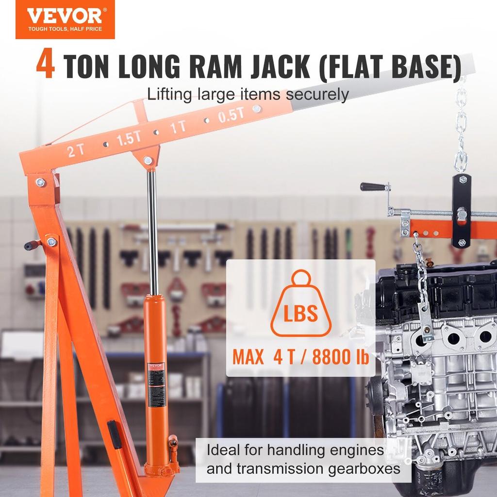 Hydraulic Long Ram Jack, 4 Ton Engine Hoist Cylinder with Single Piston Pump And Flat Base, Hydraulic Ram Cylinder for Engine Lift Hoists, Hydraulic