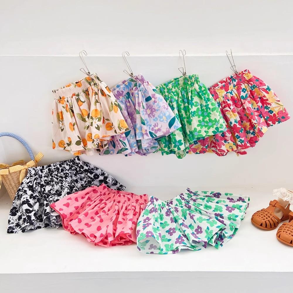 Summer Floral Print Shorts for Girls Pantskirt Kids Tutu Shorts Loose Leg Pants Girls Pleated Culotte Children Clothes