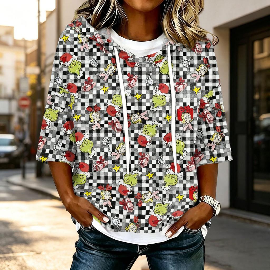 Women's Casual 3/4 Sleeve Christmas Print Hooded T-Shirt Top