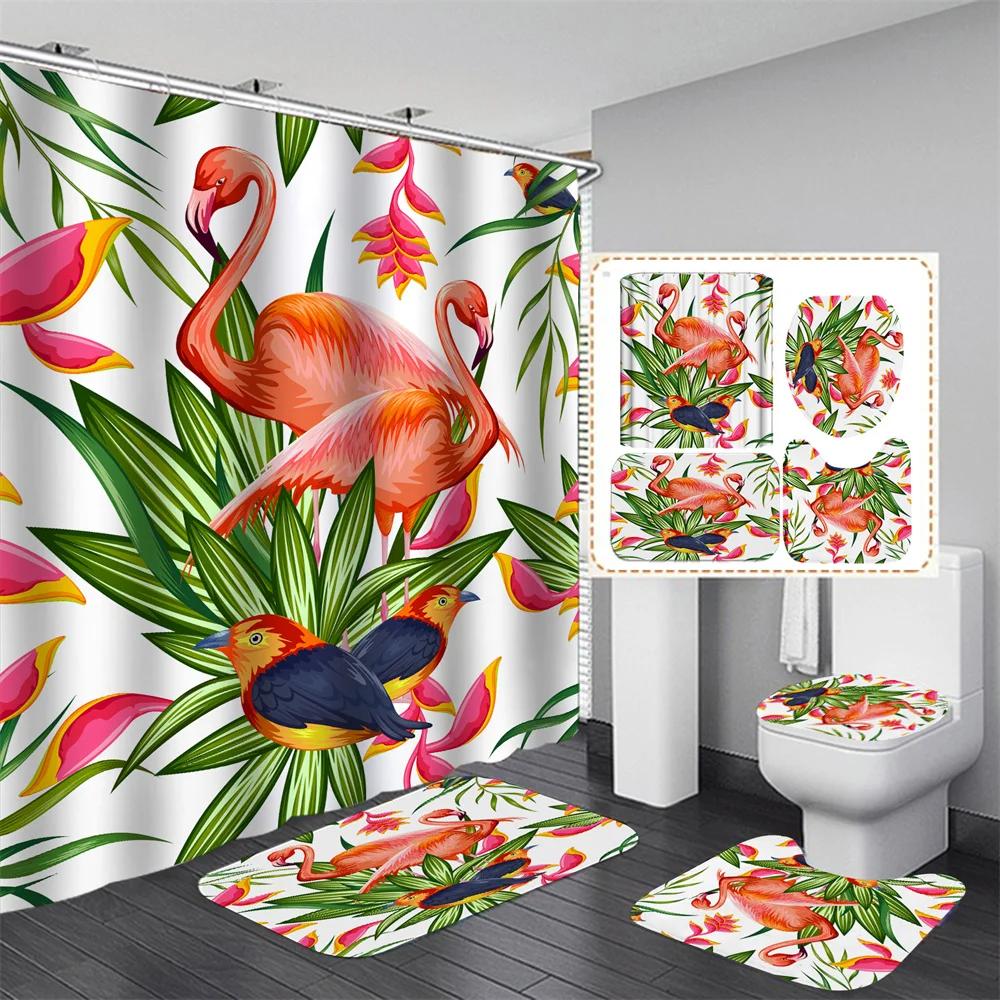 Pink Flamingo Tropical Leaves 3D Hd Shower Curtain Set Waterproof Polyester Bathroom Shower Curtain Set With Mat Non-Slip Rugs