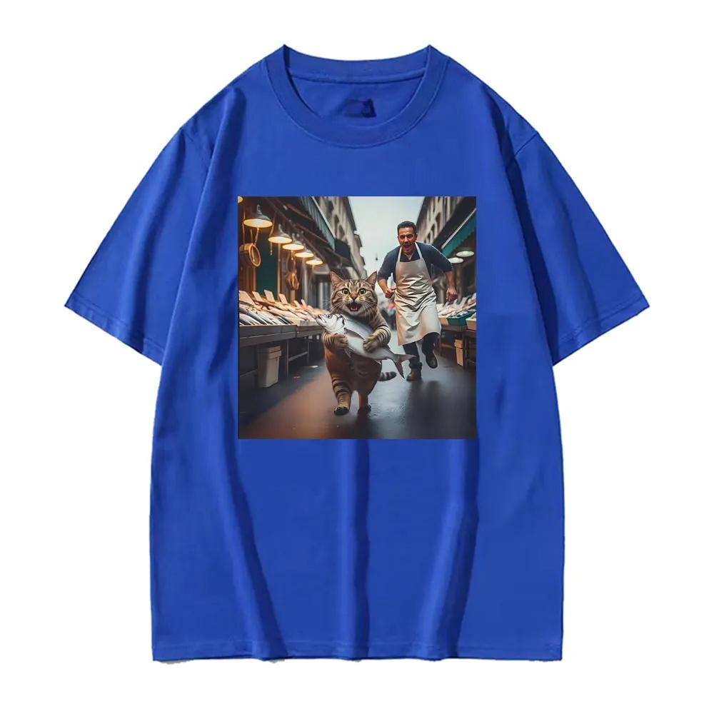 Funny Cat Stealing Fish Print Tshirts Men Women Clothing Vintage Casual Oversized High Quality T Shirt Short Sleeves Loose Tees