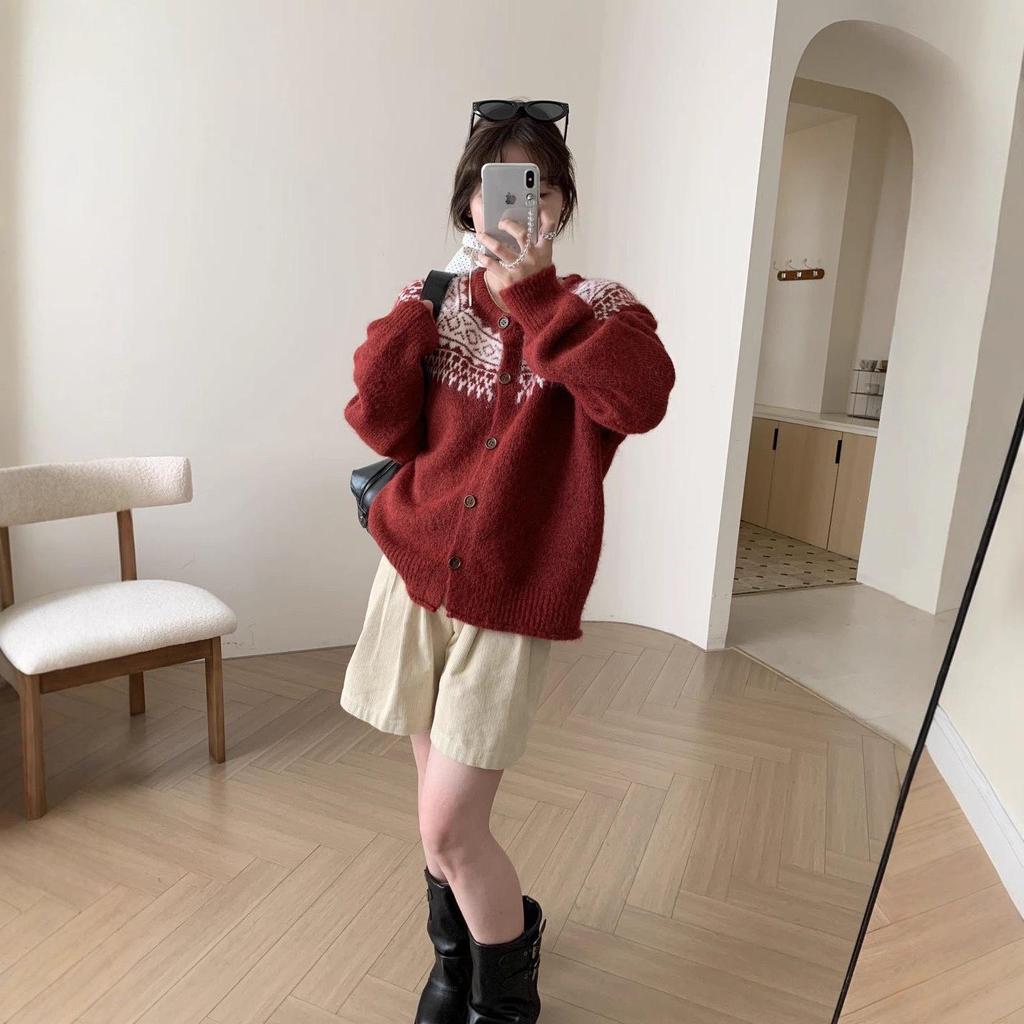Korean Style Soft Fluffy Fair Isle Knit Cardigan - Women's Autumn/Winter Loose Fit with Rolled Edge