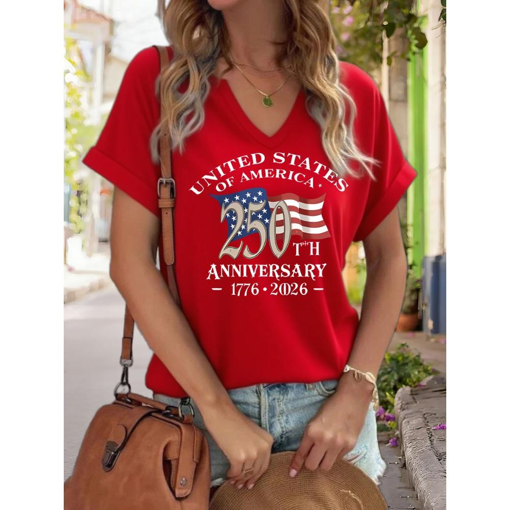 Women's V-Neck "USA 250th Anniversary 1776-2026" Graphic Tee, American Flag Print T-Shirt, Casual Patriotic Short Sleeve Top