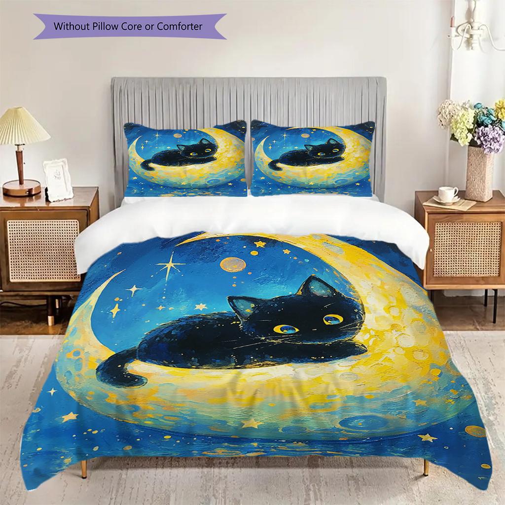 Black Cat Pattern Bedding Quilt Set Quilt Cover Pillowcase Home Decoration Birthday Gift (1 * duvet cover + 2 * pillowcase, without core)