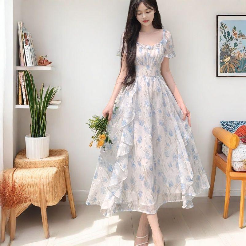 First Love French Square Neck Floral Chiffon Fairy Dress for Women - Elegant Summer Plus Size, Waist-Cinched, Long Slimming Design M