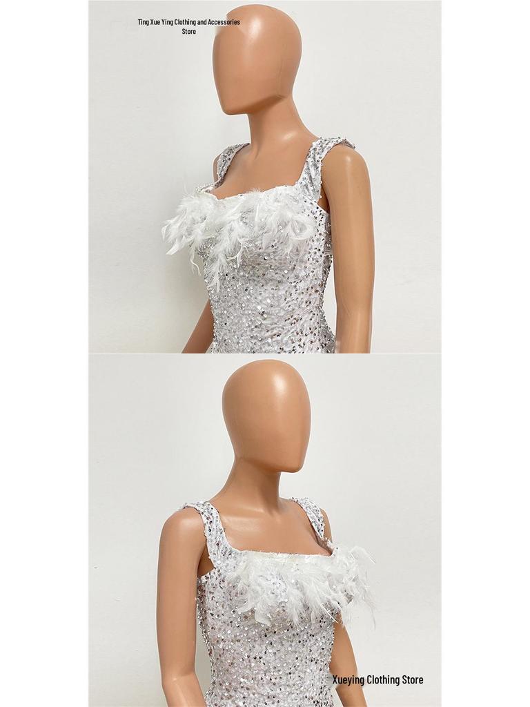 European & American Women's Summer Sequin One-Shoulder Backless Beach Dress - Hot Girl Feather Bodycon Style