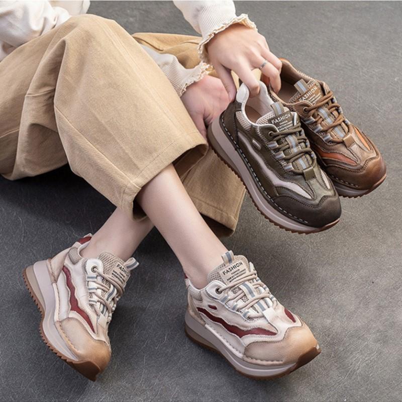 Johnature Thick Soled Mixed Colors Retro Genuine Leather Splicing Breathable Mesh Casual Sports Women's Shoes