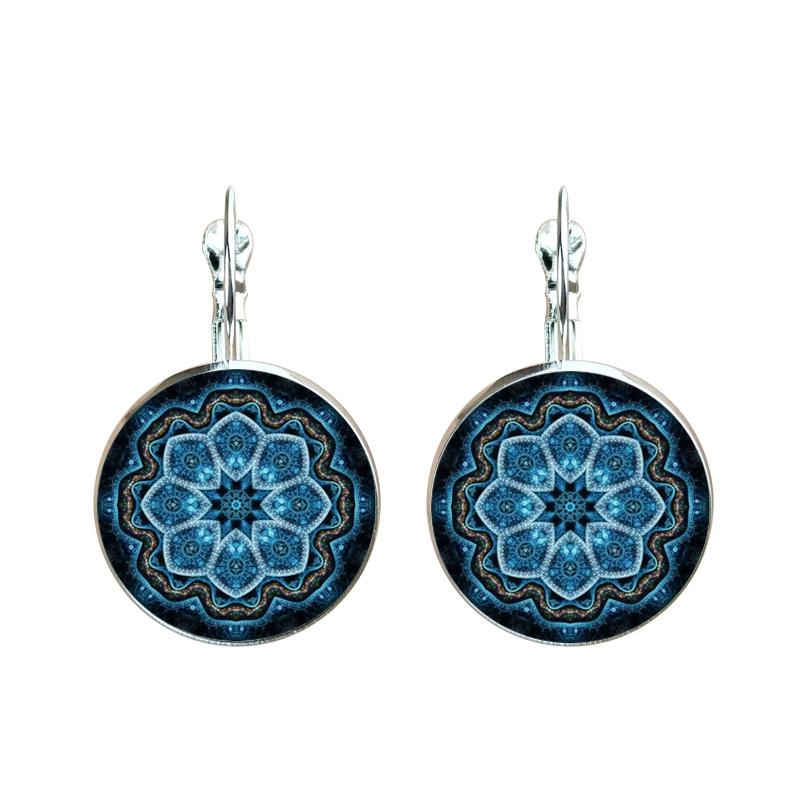 Vintage Green Mandala Earrings Retro Sacred Geometry Lotus Glass Pendant Earrings For Women Men Boho Jewelry