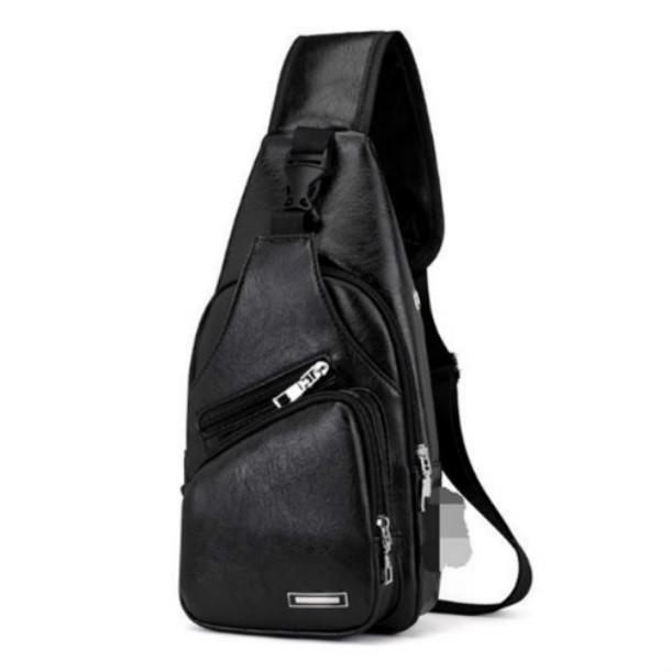 Men's Shoulder Pack Charging Leather Movement USB Chest Bag Sports PU Hiking Sling Bag