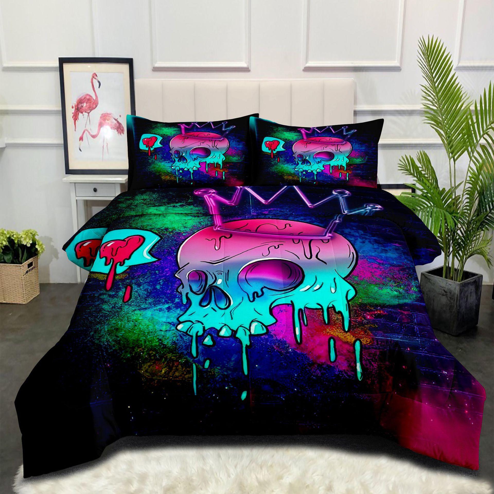 

Skull Couple Quilt Core Halloween Fat Quilt Bedding Feather Silk Quilt Printing Bedding Quilt Cover Three-piece Set 140*200cm