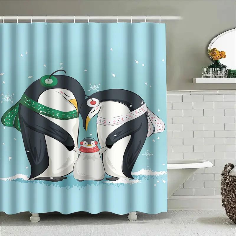 Blauer Duschvorhang mit entzückender Pinguinfamilie für die Winter-Heimdekoration Wasserdichtes Polyestergewebe Perfekte Ergänzung für das Badezimmer