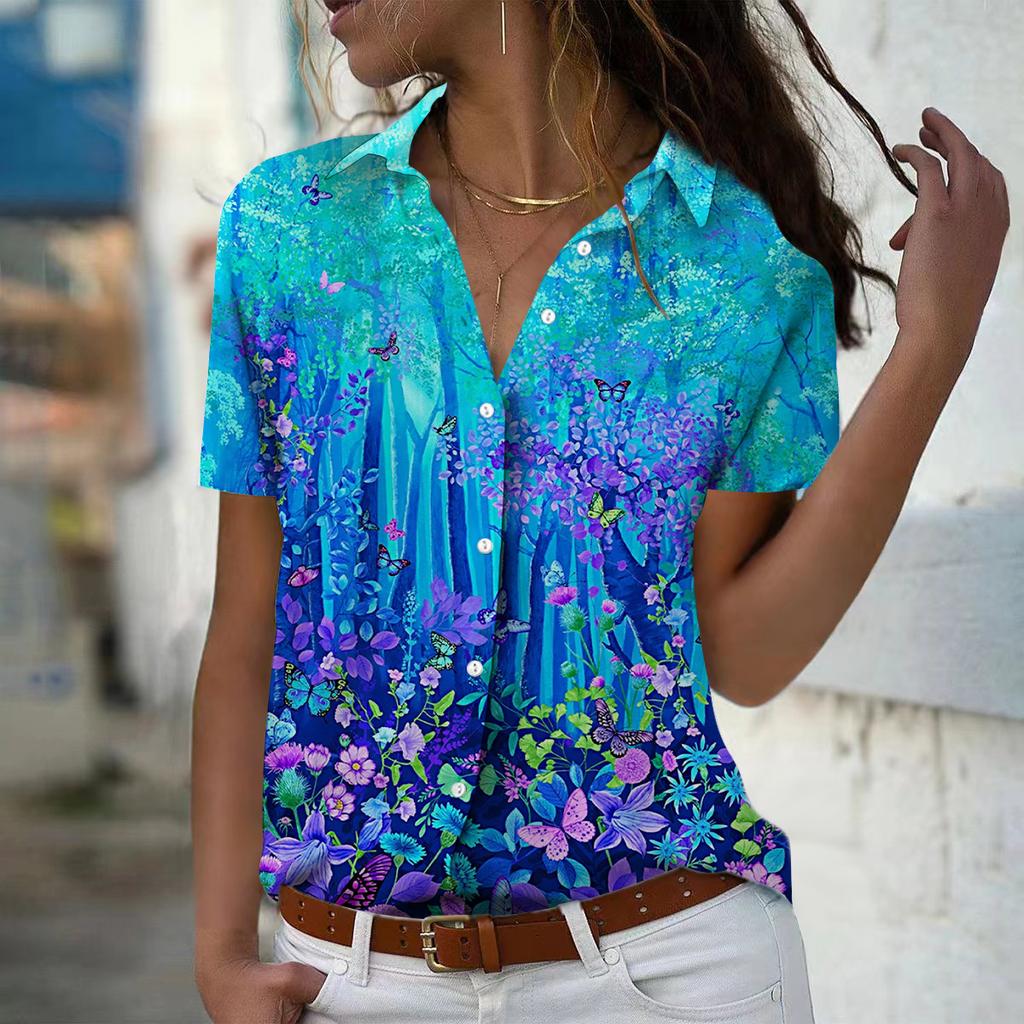 2025 Summer New Fashion Women's Butterfly Printed Short Sleeve V-neck Casual Button-down Shirt Top