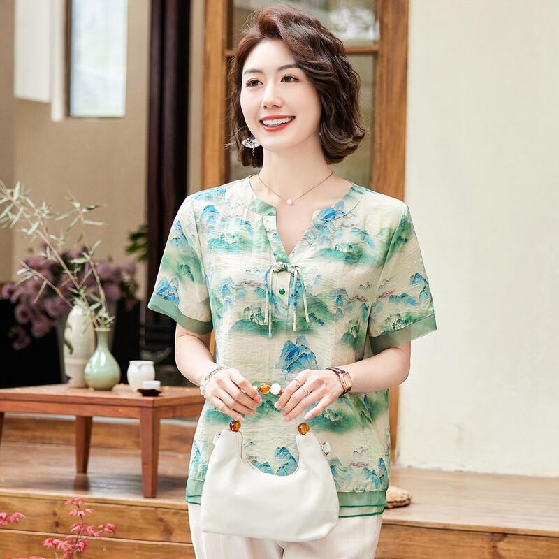 Damen Sommer Neu Chinesischer Stil Tuschemalerei Druck V-Ausschnitt T-Shirt