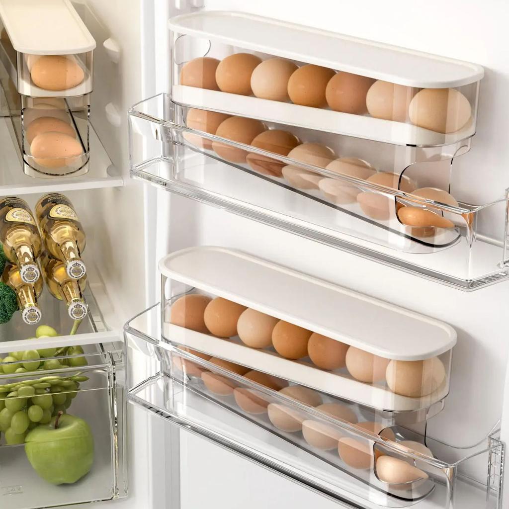 Automatic Scrolling Egg Rack Holder Double Automatic Slide Type Egg Carton Roller Refrigerator Side Door Kitchen Egg Storage
