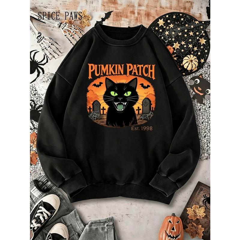 Men's Halloween Spooky Graphic Crewneck Sweatshirt, Black Cat Pumpkin Patch Oversized Streetwear Heavyweight Fall Casual Halloween Wear