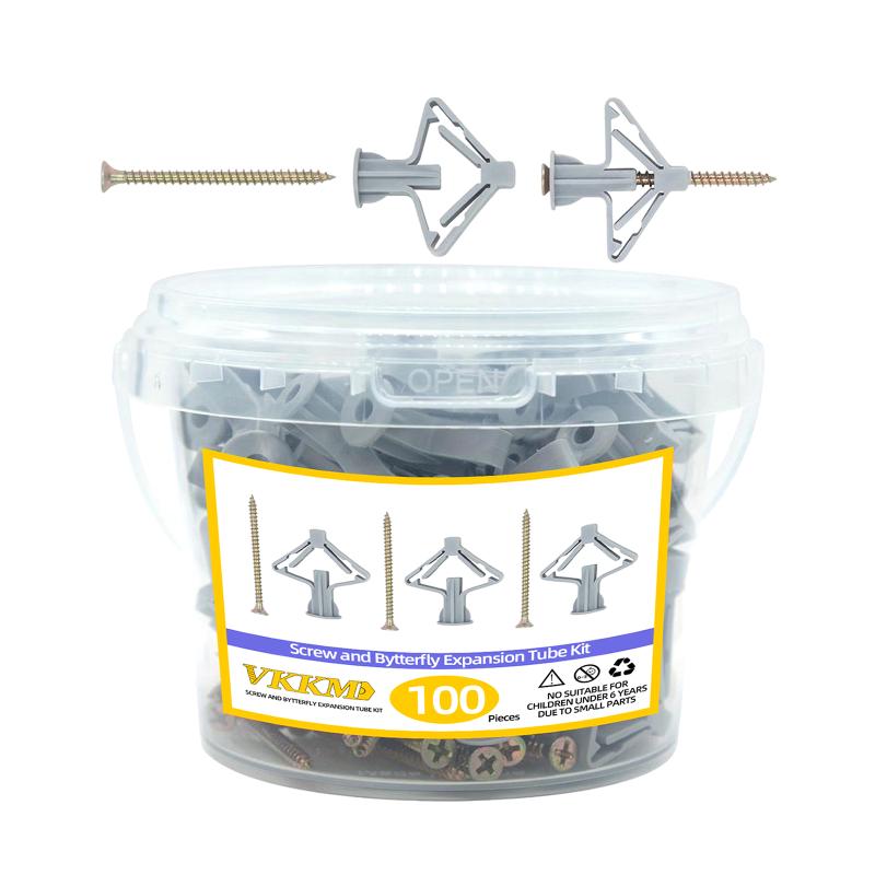 100Pcs Drywall Anchor Kit Hollow Wall Anchors Plasterboard Plugs Screws Butterfly Expansion Tube Pipe
