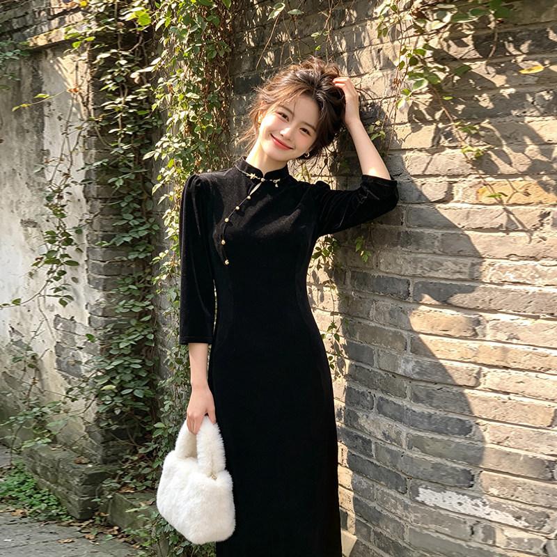 Black velvet national style new Chinese Suzhou long-sleeved cheongsam improved young women's high-end sense small man spring and autumn