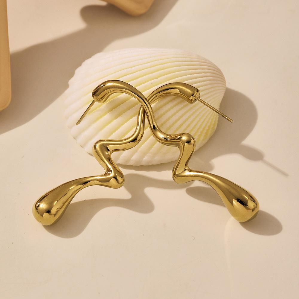 Qiong Yao 18K Gold-Plated Irregular Water Drop Earrings - Non-Fading, European & American Style Fashion Accessories.