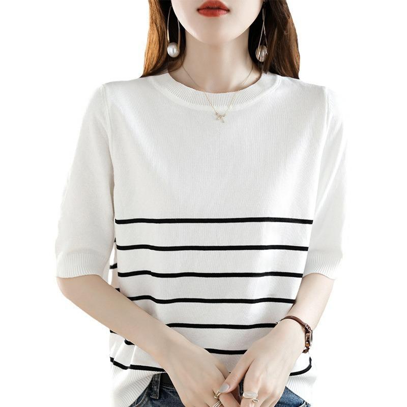Summer Short-sleeved Knitted Short-sleeved Round-neck Striped Loose T-shirt for Women