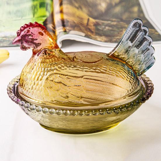 Szklana miseczka na cukierki w kształcie kurczaka z pokrywką, wzór zwierzęcy, naczynie na przekąski, desery, owoce, sałatki, dekoracja na stół do domu, kuchni