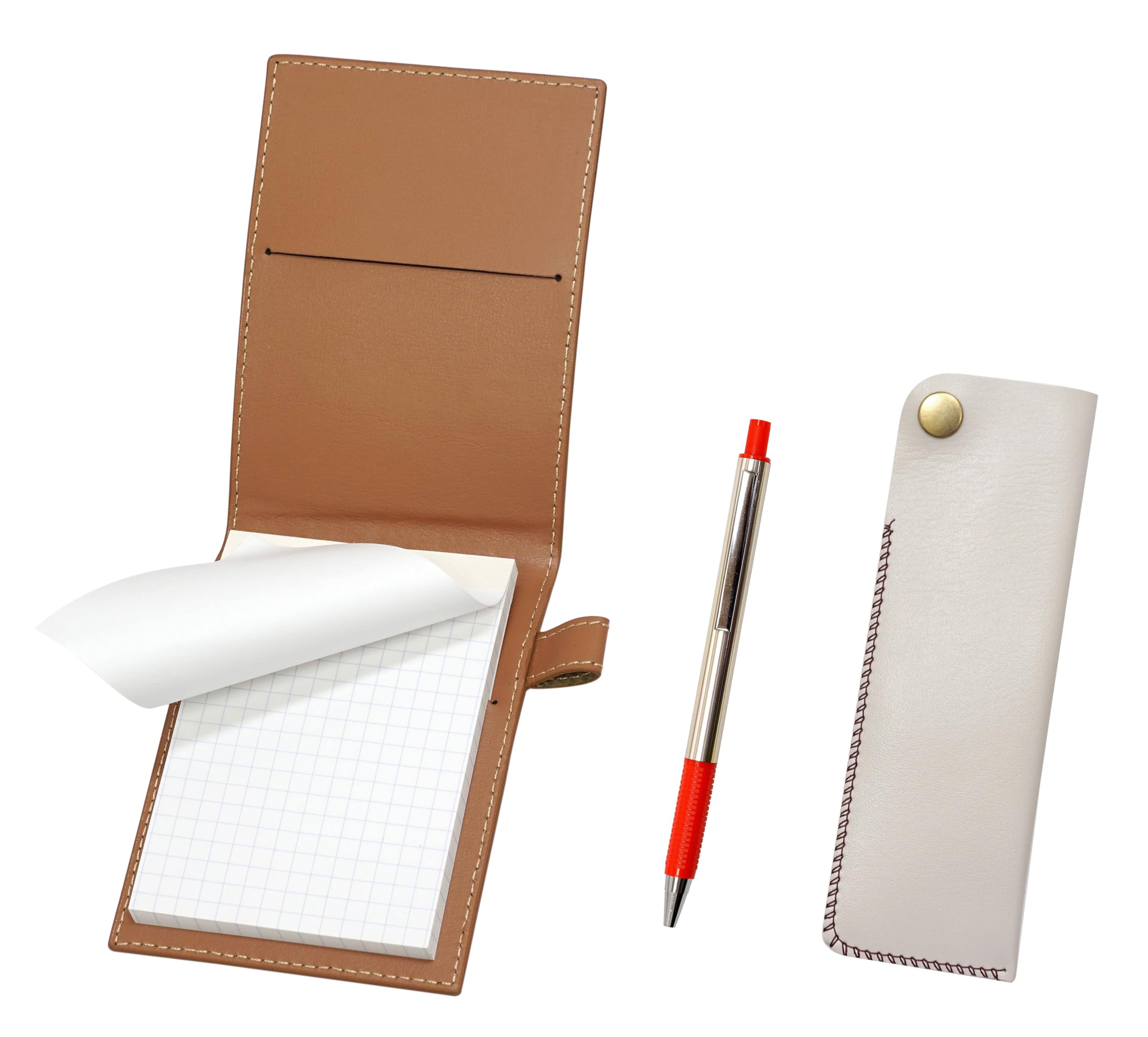 

Recycled cowhide mini notebook cover in with a white horizontal snap pen case and a red FB325 aluminum straight knock ballpoint pen set mocha,