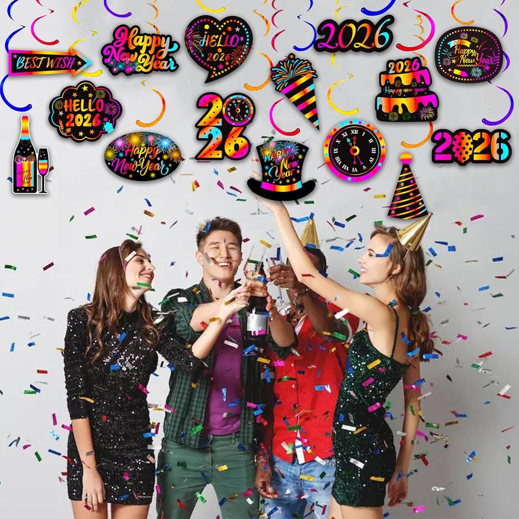 2026 Happy New Year Hanging Swirls New Years Party Decorations New Years Eve Ceiling Swirls Happy New Year Hanging Streames for Colorful New Year