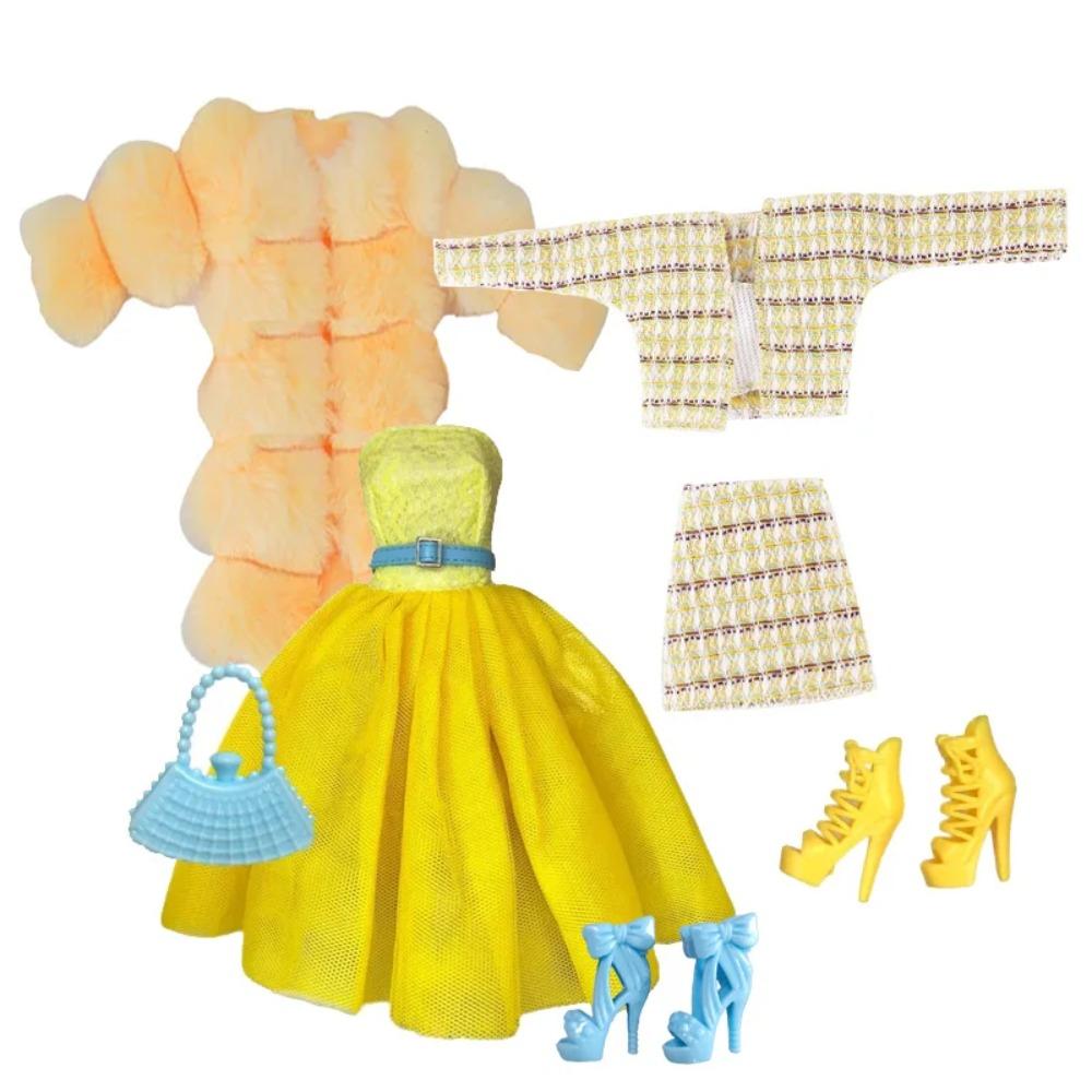 Elegantes Puppenoutfit für 1/6 Puppe Modepuppe Rosa Hahnentritt-Kleid Hut Goldener Gürtel Handtasche mit Schuhen Set