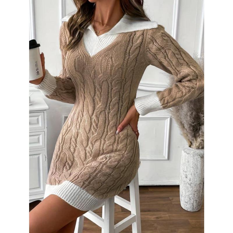 Long Sleeve Knitted Short Dress With Doll Collar Color Block
