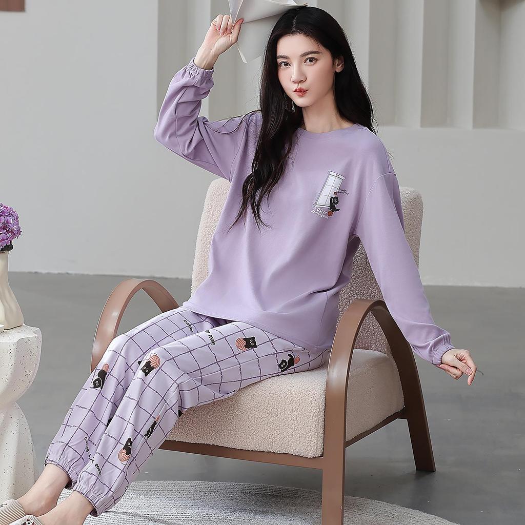 100% Cotton Women's Pajama Set – Breathable, Sweat-Absorbent, Long Sleeve Crew Neck for Indoor & Outdoor Wear (Autumn/Winter)