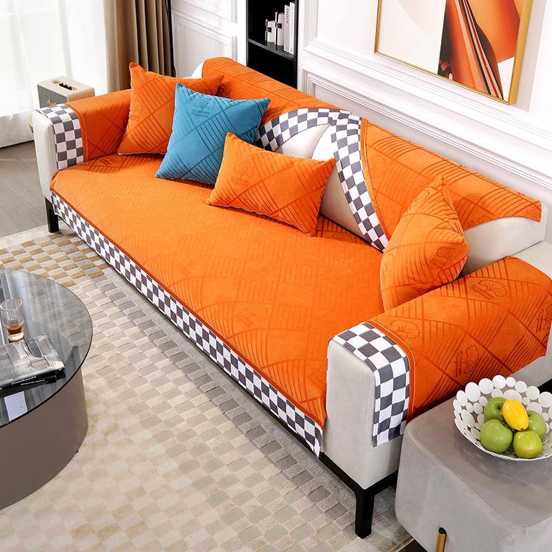 Nordic Luxury Sofa Covers Cushion L Shape Leather Couch Cover Black White Squares Edging Non-slip Back Towel for Living Room