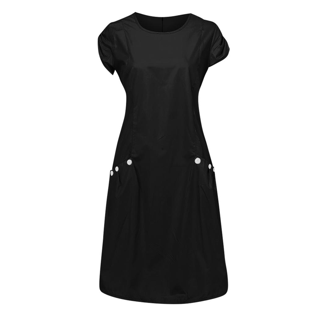 Women's Cotton Linen Color Loose Round Neck Short Sleeve Pockets Dress
