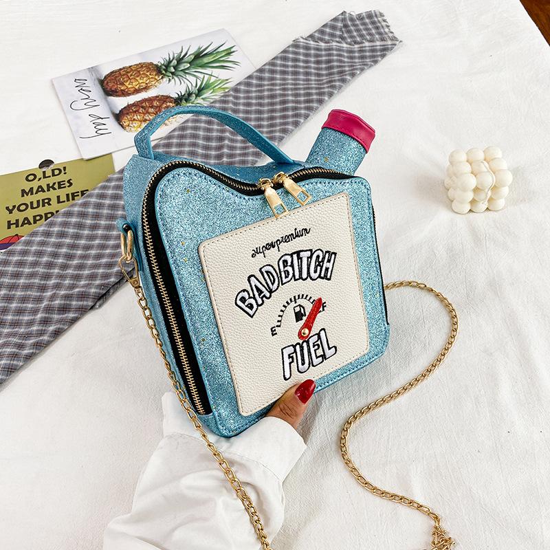 

Fashion Personality Laser Sequin Embroidery Letter Oil Pot Bag Creativity Funny Chain Shoulder Bag Women Cute Messenger Bag