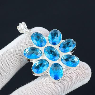 Swiss Blue Topaz Gemstone Silver Antique Pendant, 925 Sterling Silver Pendant, Silver Swiss Blue Topaz Jewelry, Pendant For Her, For Gifts