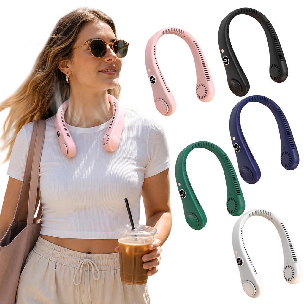 Digital Display Foldable Neck Fan Portable Wearable Personal Fan with Five Adjustable Speed Settings and Rechargeable Battery for Indoor Outdoor Use